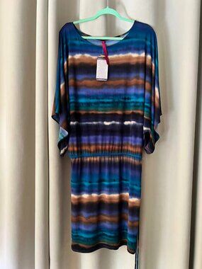NWT Abi Ferrin Blue Dusk Abstract Dolman Sleeve Tie Waist Dress XS $248